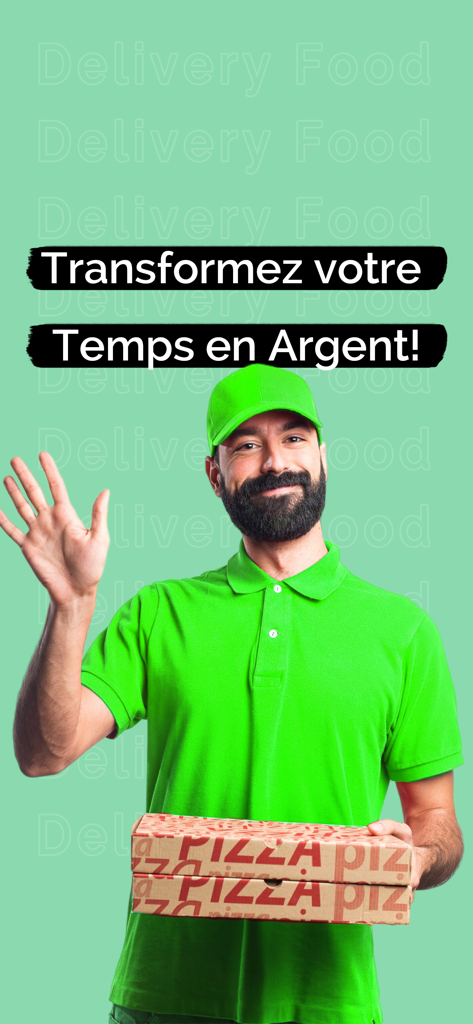 A smiling delivery driver in a green uniform holding pizza boxes for the Sparow Couriers app