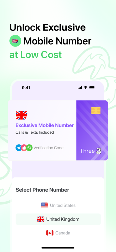 Textr Go: Personal Text & Call - Interface do aplicativo Textr Go exibindo opções para selecionar um número de celular exclusivo do Reino Unido para chamadas e verificação por SMS.
