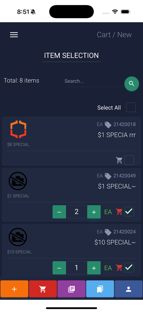 Qpack - Item selection screen in the Qpack app showing products, prices, and quantity selectors.