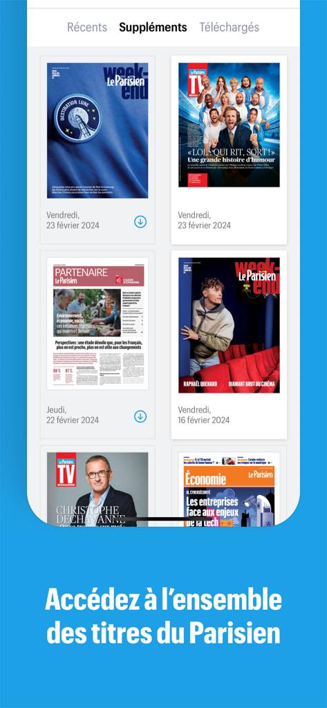 Le Parisien app screen displaying covers of various magazine supplements like Weekend and TV Magazine