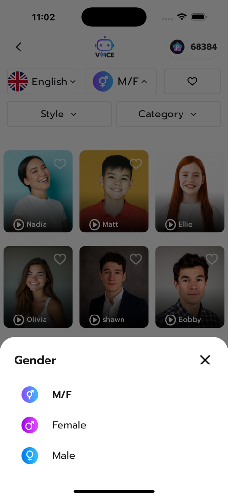 Botnoi Voice - Text to Speech - Botnoi Voice app interface showing various AI voice profiles and a gender selection filter menu.