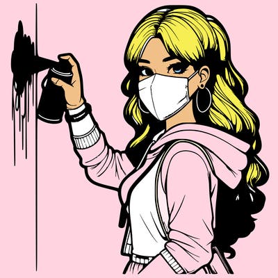 realistic girl with mask spray painting a wall