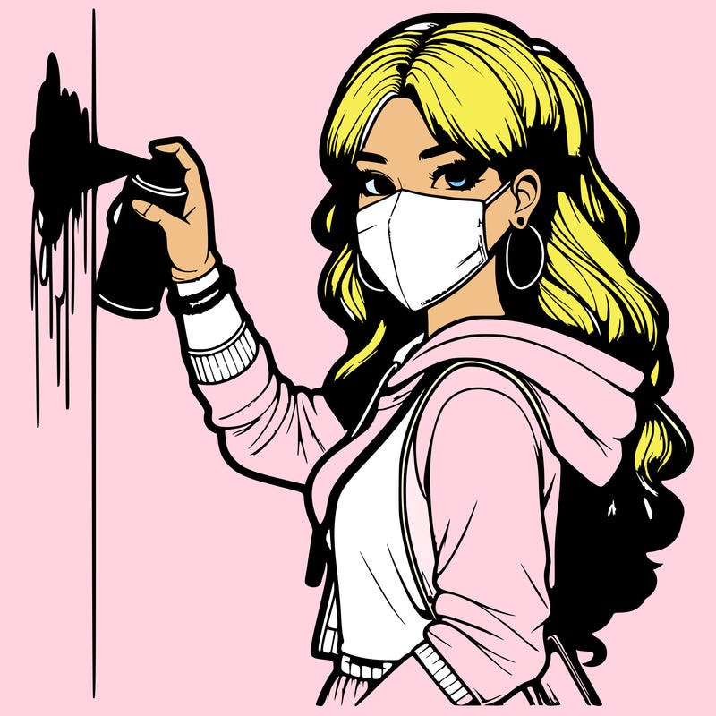 realistic girl with mask spray painting a wall