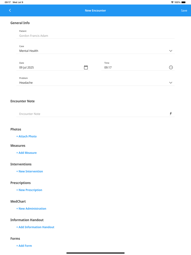 Profile hCare - New Encounter screen in Profile hCare showing patient documentation fields on an iPad.