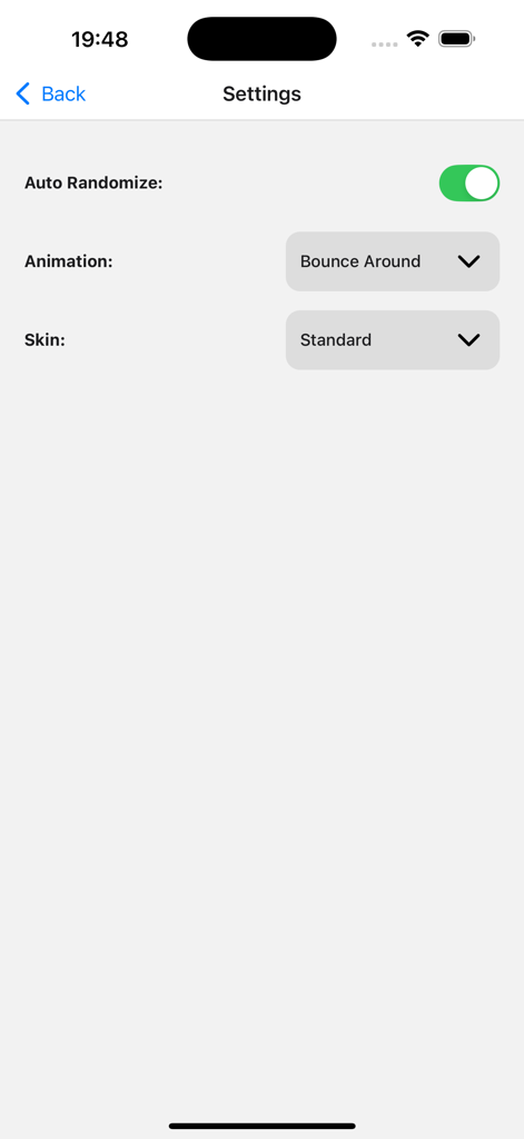 The settings screen of the Fast First app showing options for auto randomize animation style and app skin selection