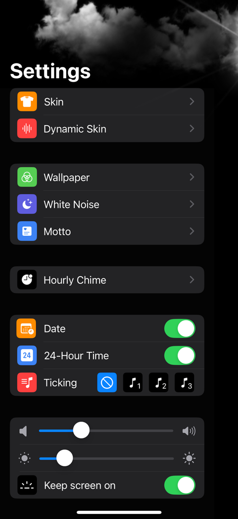 Flip Clock - Pomodoro & Focus - Settings interface for the Flip Clock app showing options for skins, white noise, wallpaper, and display toggles.