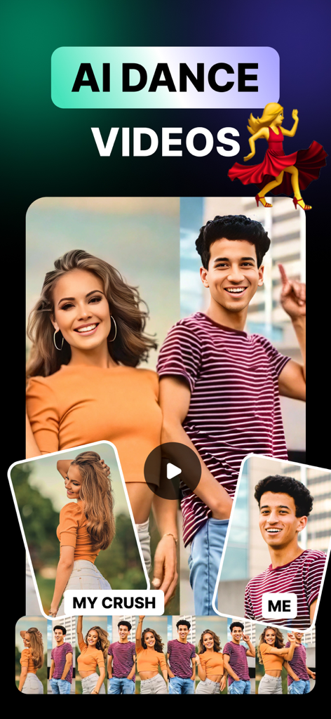 A mobile app interface showing how to create AI dance videos with a crush for social media.