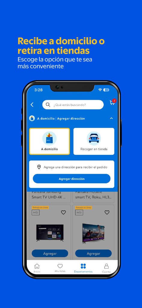 Walmart Centroamérica - Pantalla de teléfono inteligente que muestra las opciones de la aplicación Walmart Centroamérica para entrega a domicilio y recogida en tienda