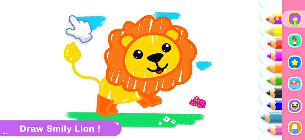 Drawing for Kids Coloring Game - Interfaz del Juego de Dibujo y Coloreo para Niños mostrando un león de dibujos animados y lápices de colores