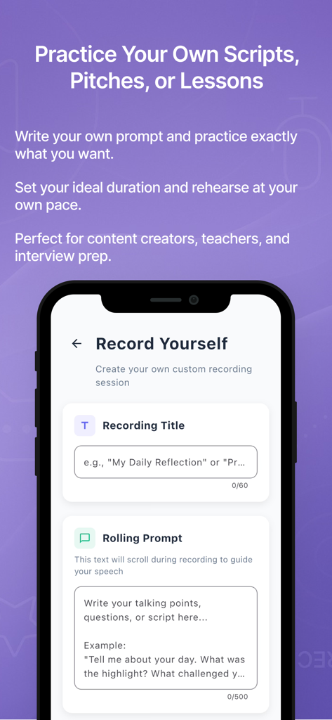 Talk To Cam: Confidence App - Pantalla de aplicación móvil que muestra la función de guion personalizado y sugerencias de desplazamiento para la práctica de video en Talk To Cam