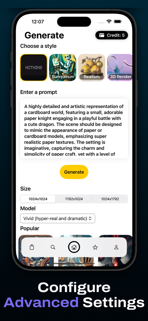 AI Art Generator-Image Creator - Interfaz de un generador de arte IA que muestra configuraciones avanzadas para la selección del estilo de entrada de indicación y el tamaño de la imagen