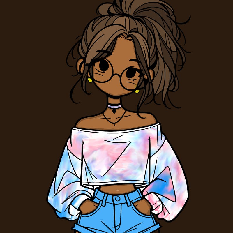 girl with a messy ponytail glasses a baggy crop top and jean shorts