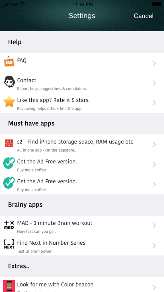 WhatsChat - A free messenger app for all devices - iPad version - Screenshot des Einstellungsmenüs in WhatsChat für das iPad mit Hilfeoptionen und anderen empfohlenen Anwendungen