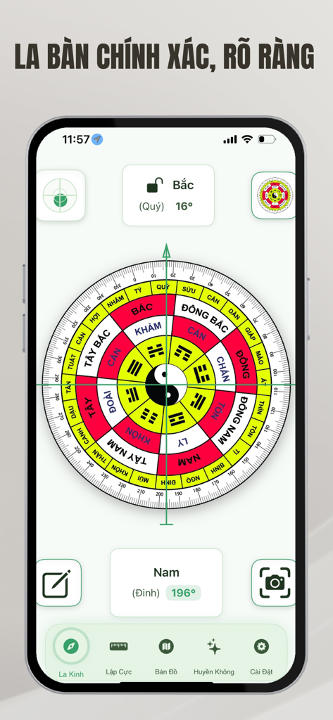 Feng Shui Compass Bach Viet - Interface of the Feng Shui Compass Bach Viet app featuring a digital Luopan with Vietnamese labels and directional sectors