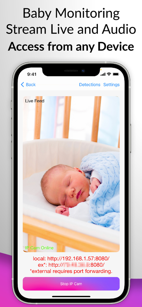 Phone IP Camera Surveillance - 寝ている赤ちゃんが映ったライブビデオフィードとIPアドレスアクセス詳細が表示されたスマートフォン