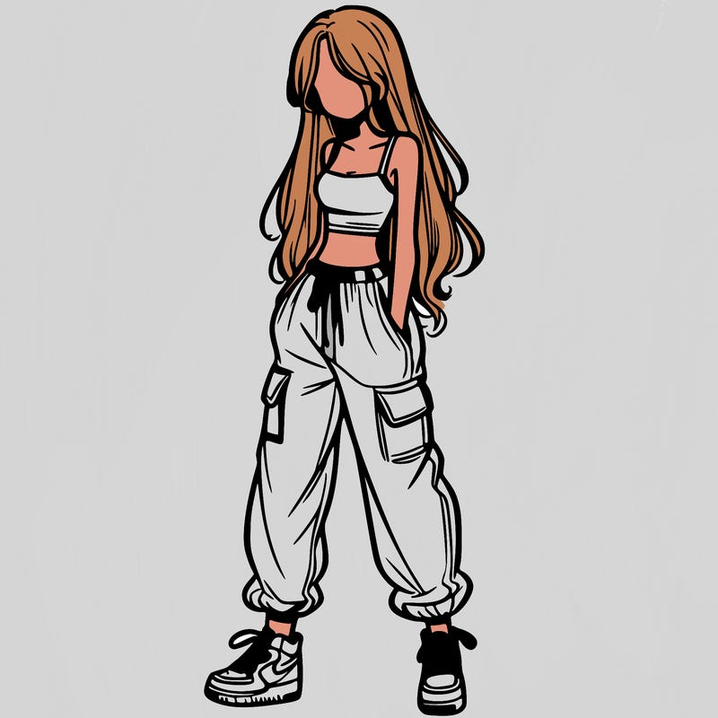 girl in baggy pants crop top and long hair