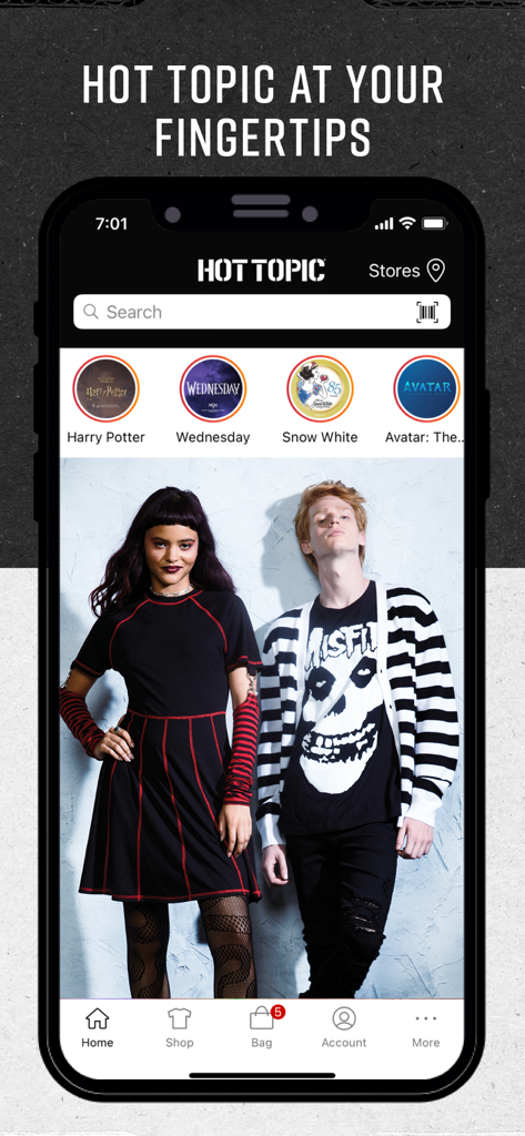 Hot Topic: Pop Culture Fashion - Hot Topic mobile app home screen showing fandom categories and models in alternative fashion