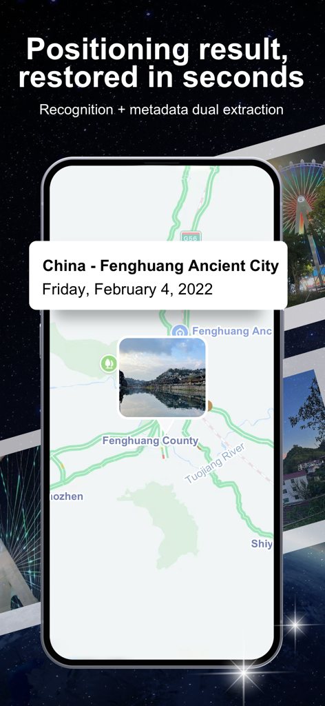 GeoSap - Smart Geotag Engine - GeoSap app interface showing a photo pinned to its geographic location on a map with address details
