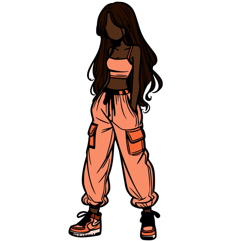 girl in baggy pants crop top and long hair