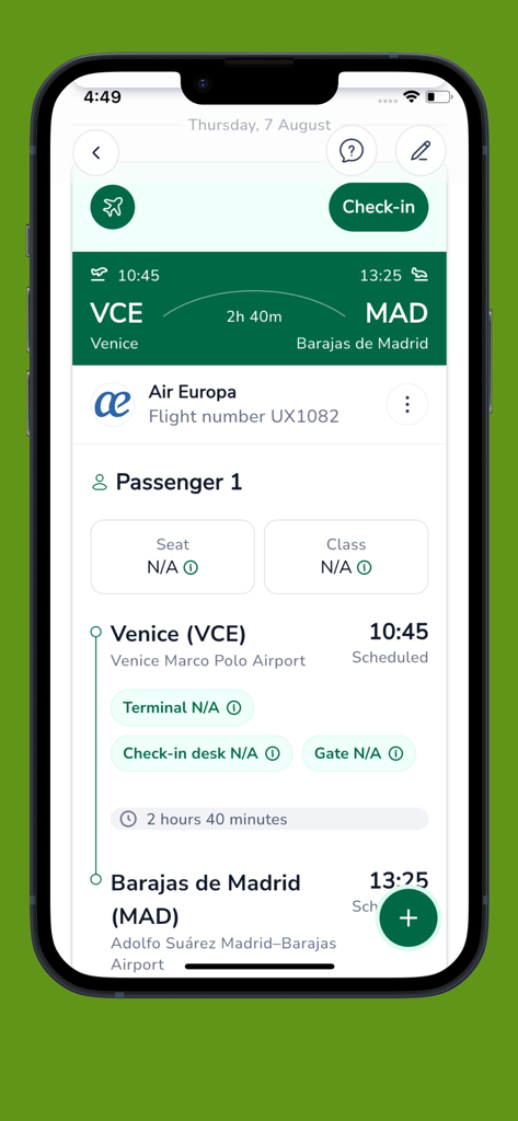 Écran d'itinéraire de vol de l'application Key Travel Mobile montrant un voyage de Venise à Madrid avec Air Europa