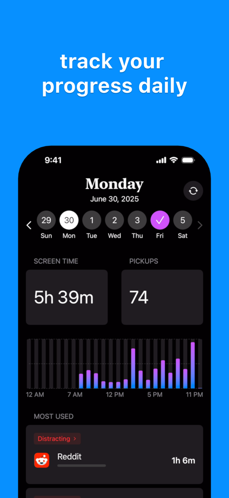 Timmy: App Blocker - Timmy app dashboard showing daily screen time stats including total hours and pickup counts