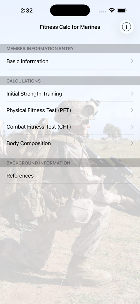 Fitness Calc for Marines - Main menu of the Fitness Calc for Marines app showing options for physical and combat fitness tests