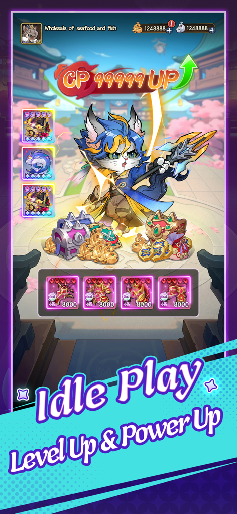 Cat Hero:GO - Cat Hero GO screenshot showing a cute cat warrior leveling up with 99999 CP and idle play mechanics.