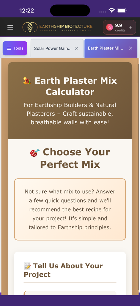 Interfaz de la herramienta Calculadora de Mezcla de Yeso Terrestre dentro de la aplicación móvil Asistente Earthship
