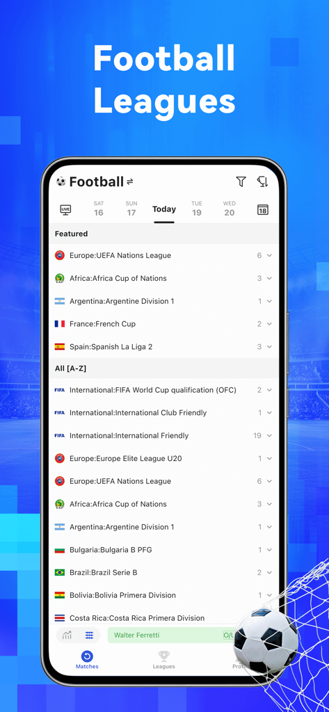 Livescore365-Tournament data - Mobile app interface of Livescore365 showing a comprehensive list of global football leagues and tournaments categorized by region.
