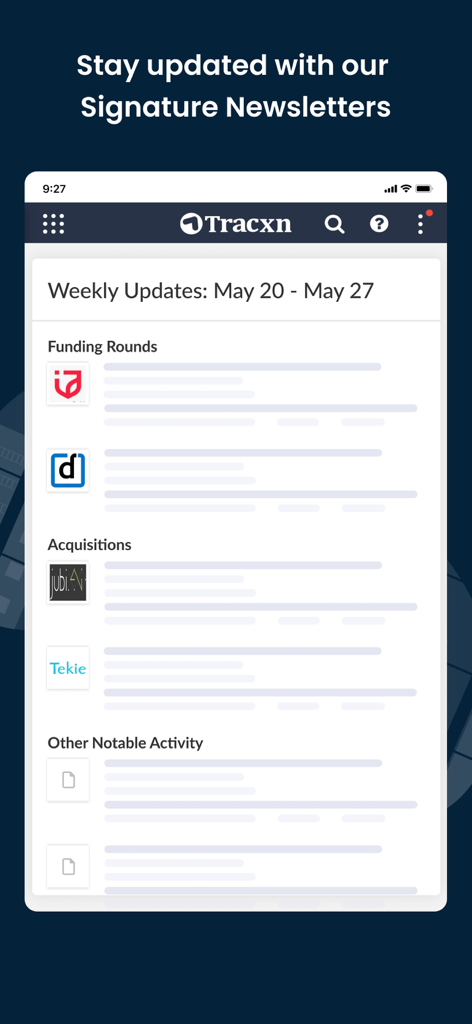 Tracxn - Tracxn app interface displaying weekly market updates for funding rounds and acquisitions