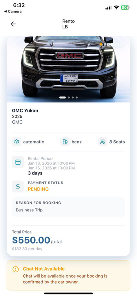 Rento LB - 가격 및 날짜와 함께 GMC Yukon 렌터카 예약 대기 중인 모바일 앱 화면
