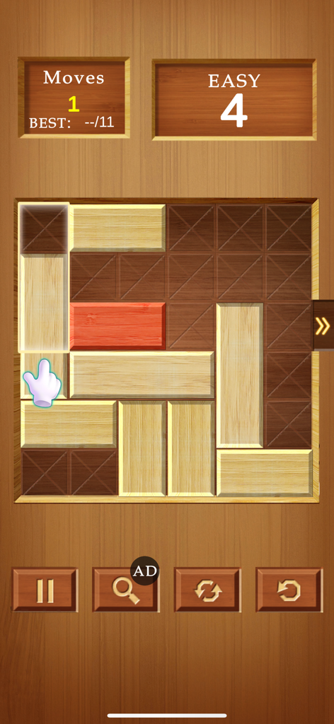 Block Escape : Unblock Sliding - Gameplay screen of the Block Escape sliding puzzle game featuring wooden blocks and a red block.