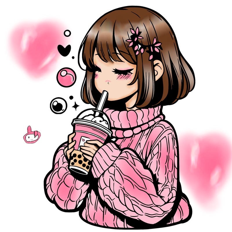 manga girl drinking boba in cozy sweater
