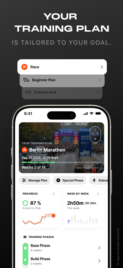 Enduco: Running & Cycling - Interfaz de la aplicación Enduco que muestra un plan de entrenamiento de maratón personalizado con seguimiento del progreso y fases