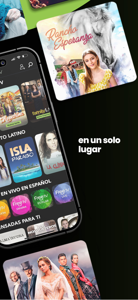 FreeTV: Movies, Shows & TV - Interfaz de la aplicación móvil de FreeTV que muestra películas y canales de TV en vivo en español