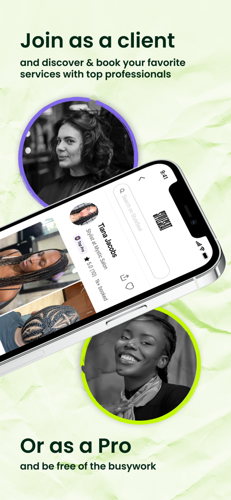 Interface do aplicativo móvel StyleSeat mostrando opções para se juntar como cliente para reservar serviços ou como profissional de beleza