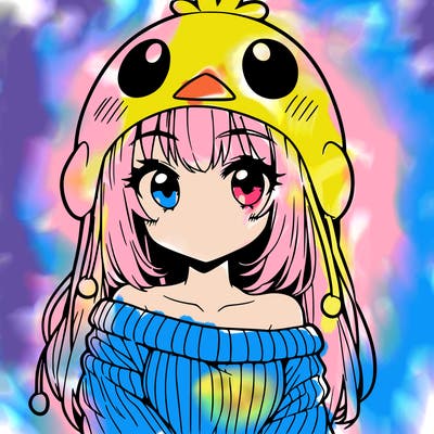 anime girl with chick shaped hat with sweater with bare shoulders with bangs covering them one eye with low tail