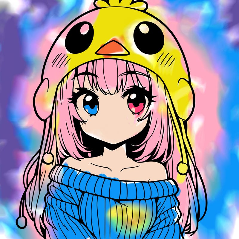 anime girl with chick shaped hat with sweater with bare shoulders with bangs covering them one eye with low tail