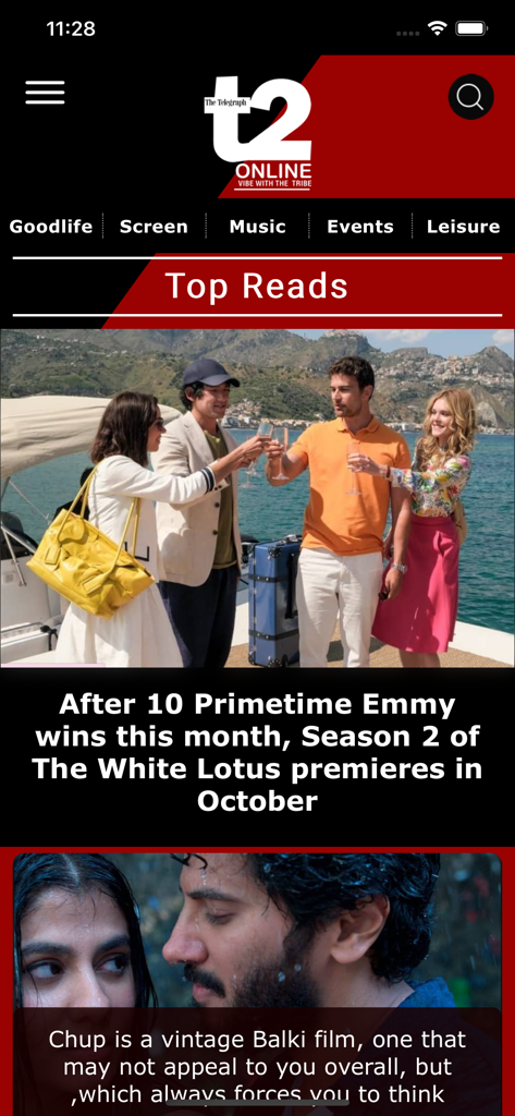 t2 online - The home screen of the t2 online mobile app showcasing top reads on entertainment and lifestyle news.