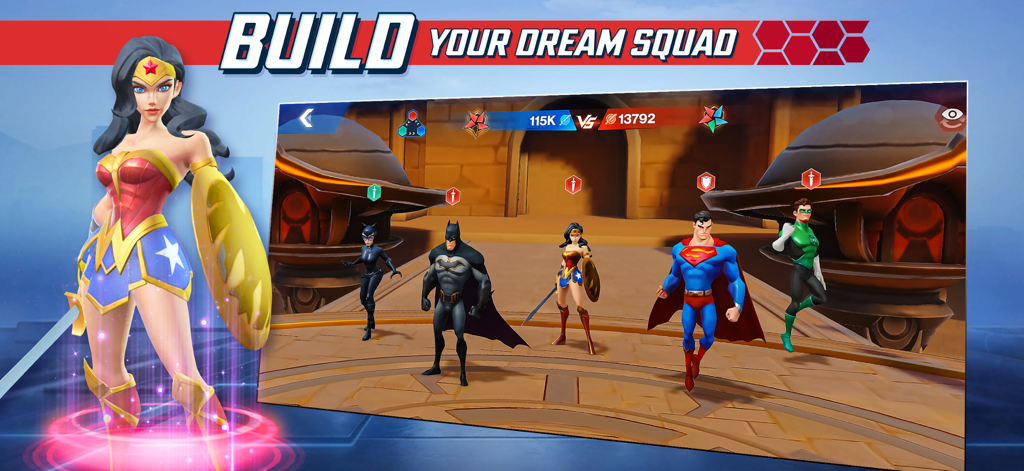 DC Worlds Collide Strategy RPG - Pantalla de creación de equipo de DC Worlds Collide con Wonder Woman, Batman, Superman, Green Lantern y Catwoman.