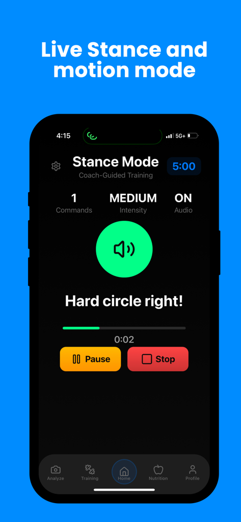 Wrestle AI - Wrestle AI app interface showing the Live Stance and motion mode with coach-guided training commands.