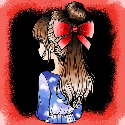 realistic girl  with hip length hair a bun and a big bow on the back of head
