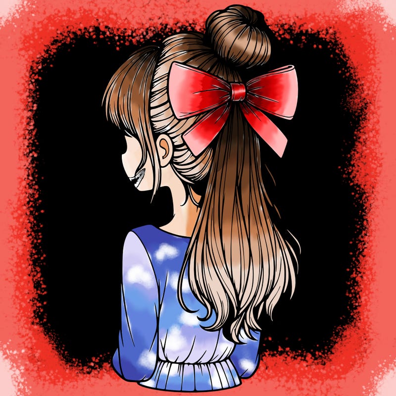 realistic girl  with hip length hair a bun and a big bow on the back of head