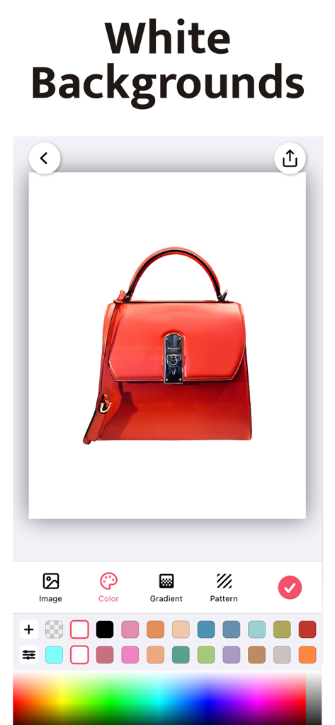 Un sac à main rouge sur fond blanc professionnel est retouché dans l'application Magic Eraser.