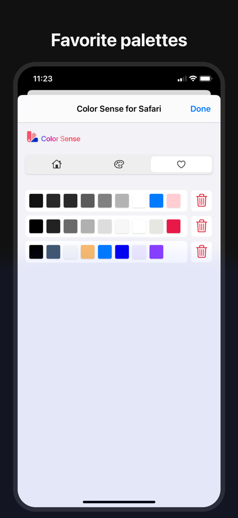 Screen showing a list of saved favorite color palettes in the Color Sense for Safari app interface
