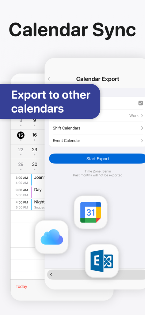 Supershift Shift Work Calendar - Interfaz que muestra las opciones de exportación del calendario para sincronizar turnos con calendarios externos como Google e iCloud.
