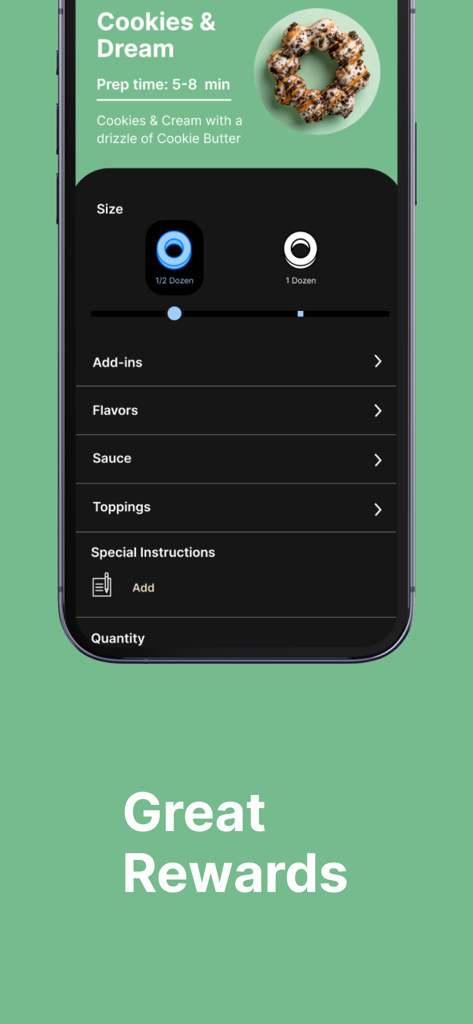 Dochi Cafe - Pantalla de la aplicación Dochi Cafe que muestra la personalización de mochi donuts y opciones de pedido