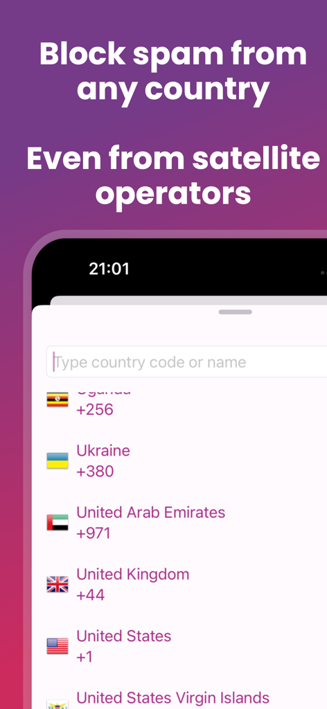 WideProtect Spam Call Blocker - WideProtect app screen showing a list of countries and prefixes to block spam calls from around the world