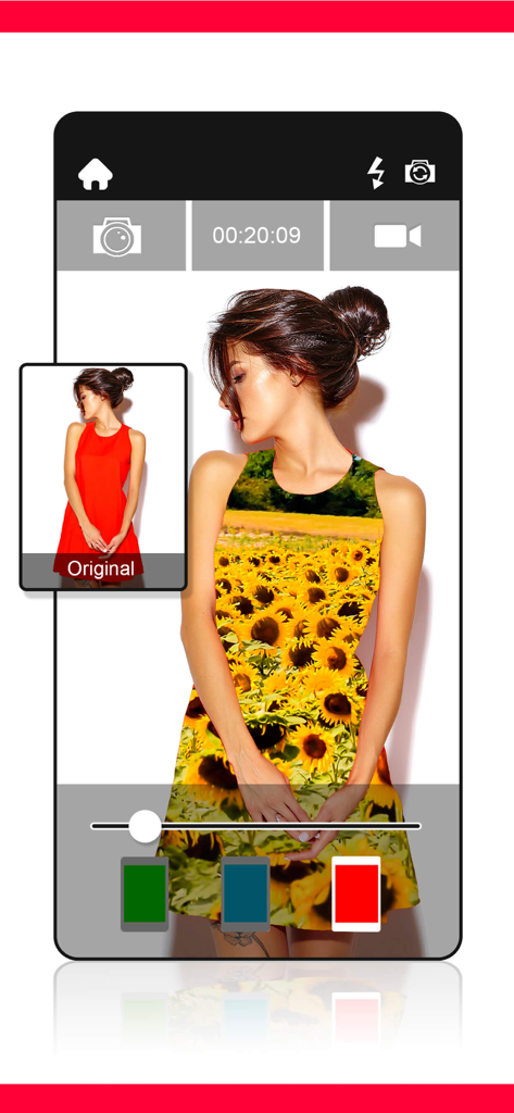 Chroma key green screen app - Mobile app interface showing chroma key color replacement on a red dress with a sunflower field background