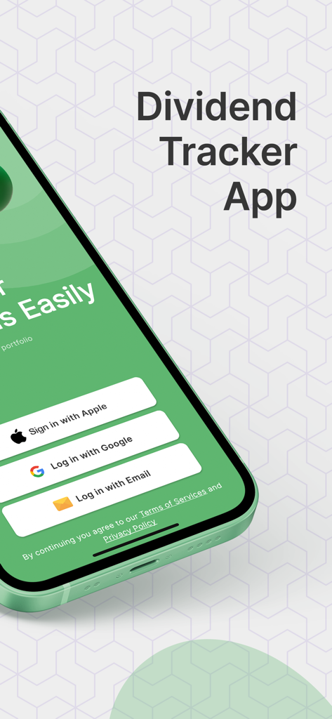 The login screen of the DividendNow mobile app displaying sign in options for Apple Google and Email.